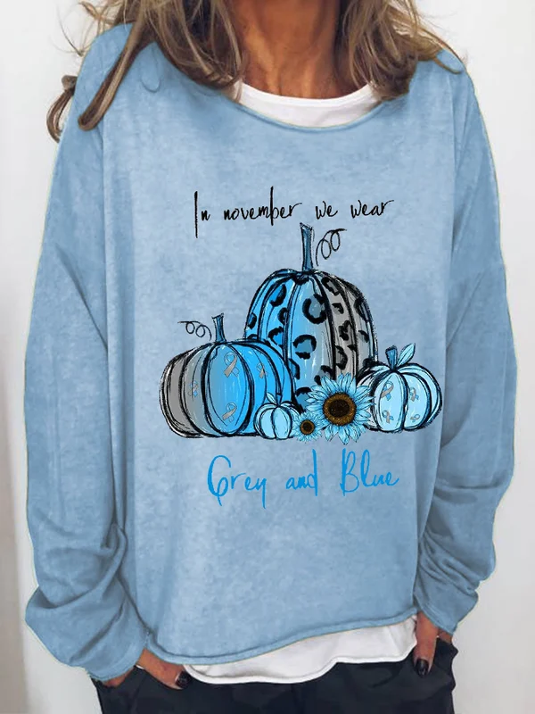 In November We Wear Grey And Blue Pumpkin Diabetes Awareness Casual Sweaters