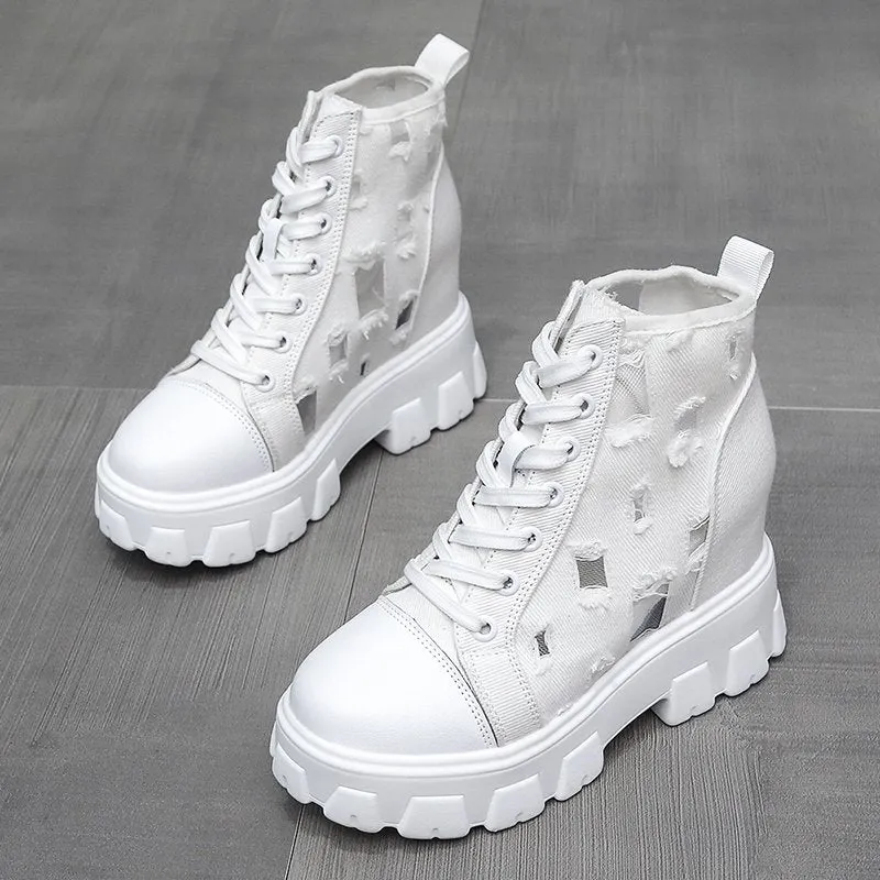 2022 Autumn Hollow Out Canvas Ankle Boots For Women Round Toe Lace Up Hidden Heels Shoes Woman Chunky Platform Booties