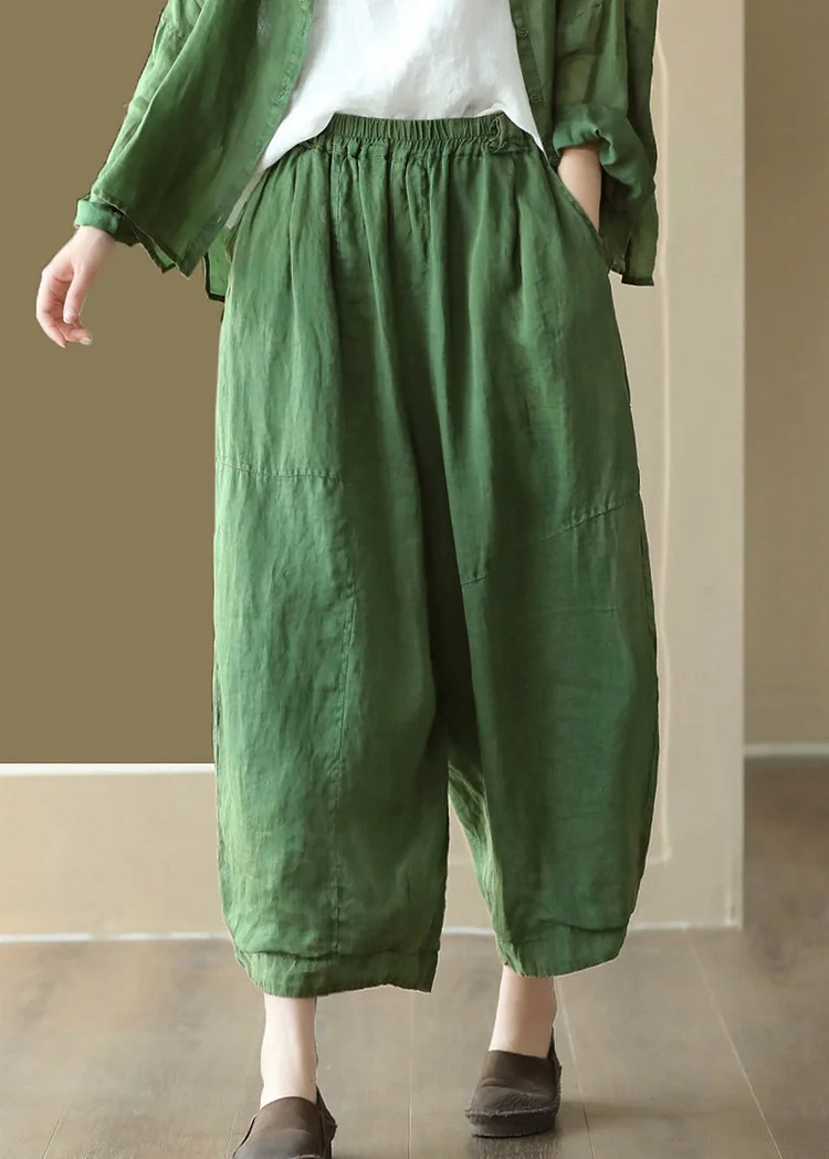 Casual Green Solid Pockets High Waist Linen Wide Leg Pants
