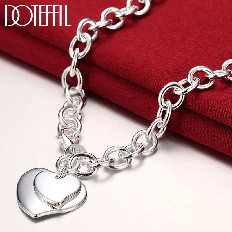 DOTEFFIL 925 Sterling Silver 18 Inch Chain Two Heart Pendant For Women Jewelry