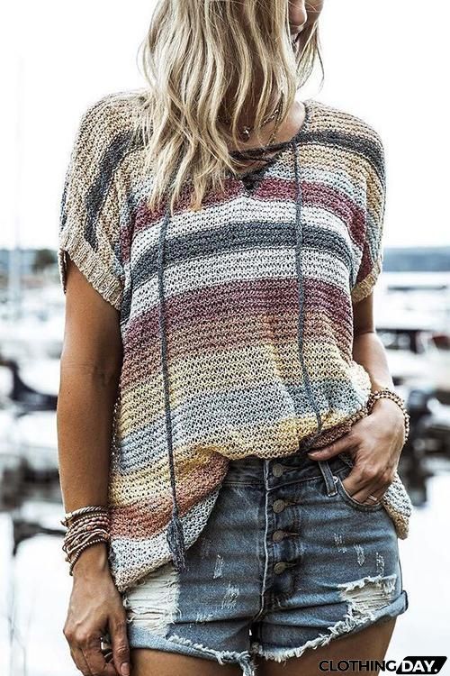 Colorful Lace Up Short Sleeve Knit T Shirt