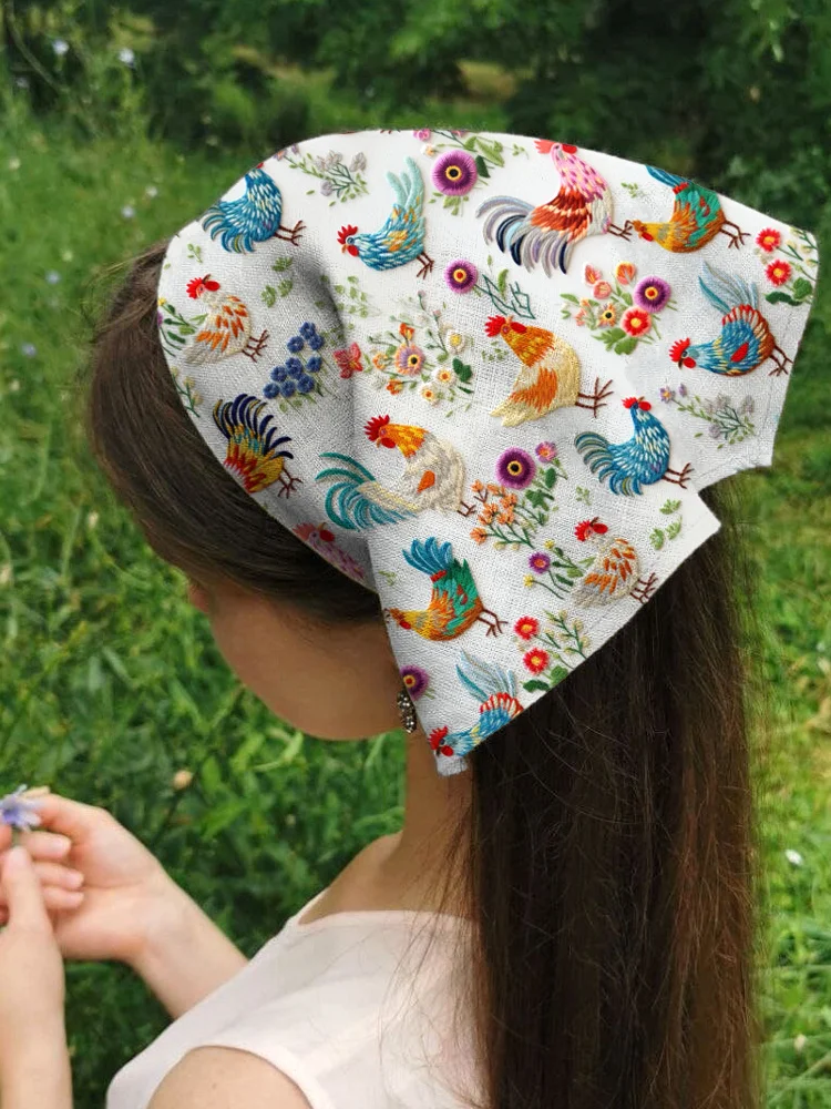 Farm Chicken Embroidery Pattern Linen Blend Kerchief