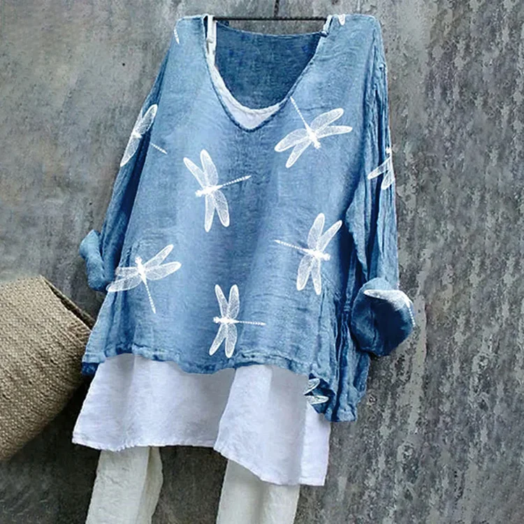 Bequemes Freizeithemd mit Libellen-Print im Vintage-Stil
