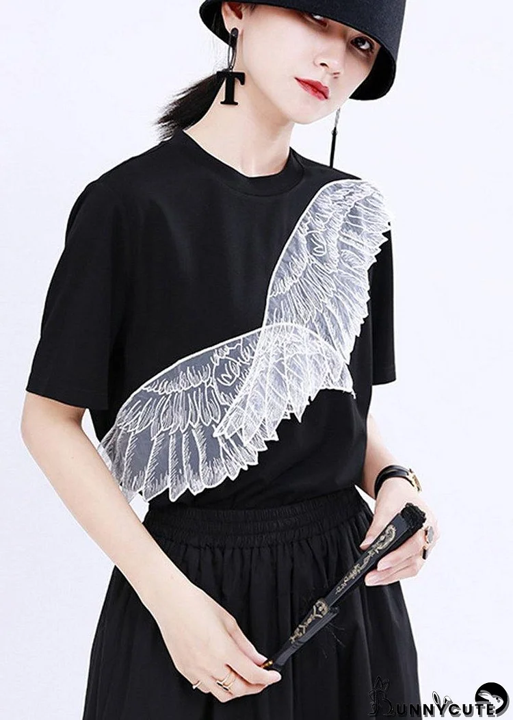 Women Black Embroidery Appliques Cotton Tee Summer