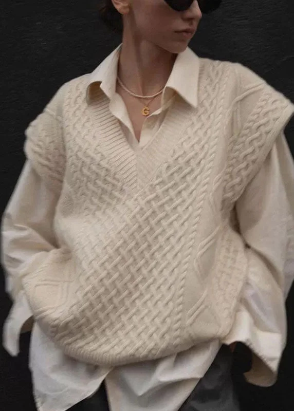 Casual Apricot V Neck Cozy Cable Cotton Knit Cardigans Sleeveless