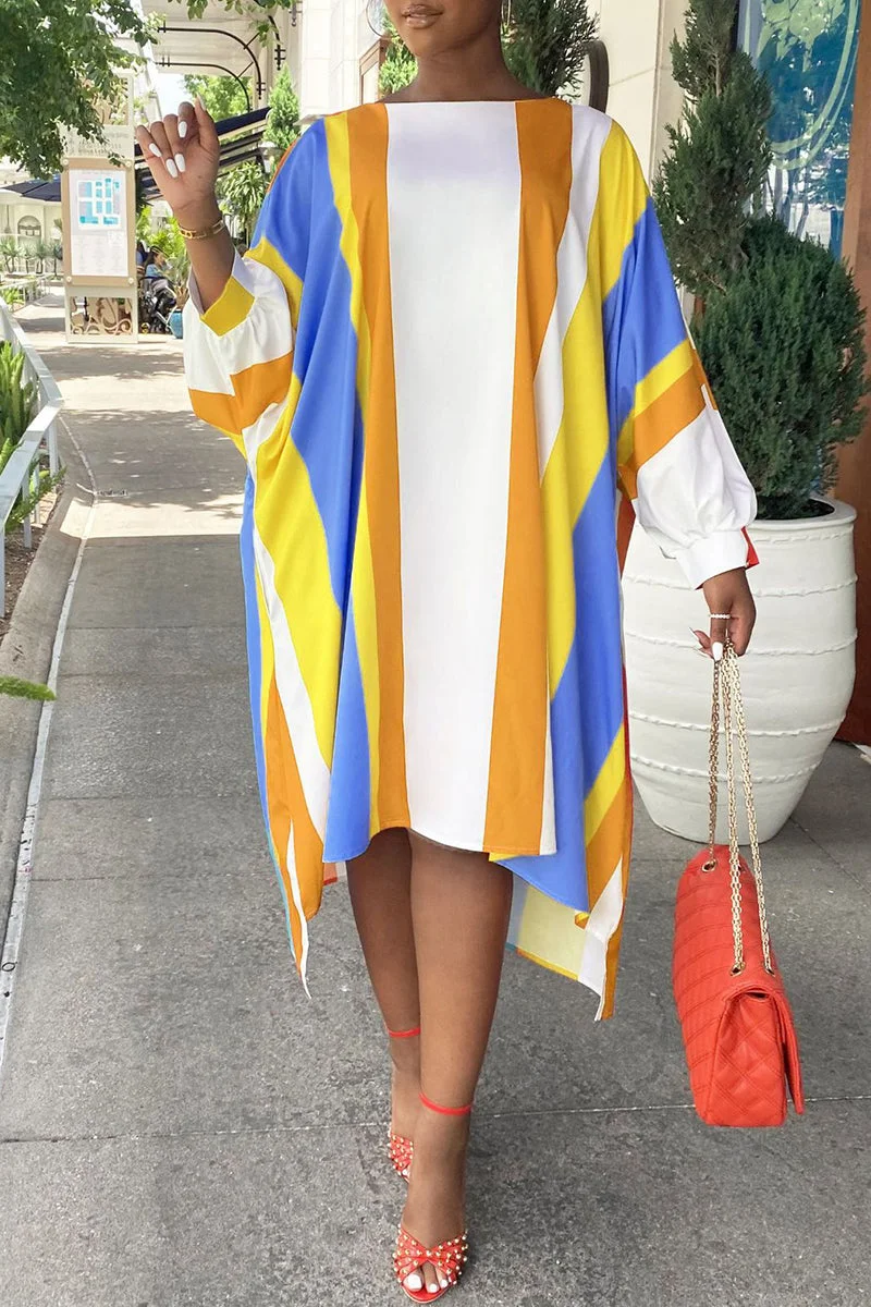 Fashion Casual Striped Print Asymmetrical O Neck Long Sleeve Dresses