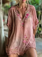 Vintage Floral Embroidered Dyed Flowy Linen Tunic