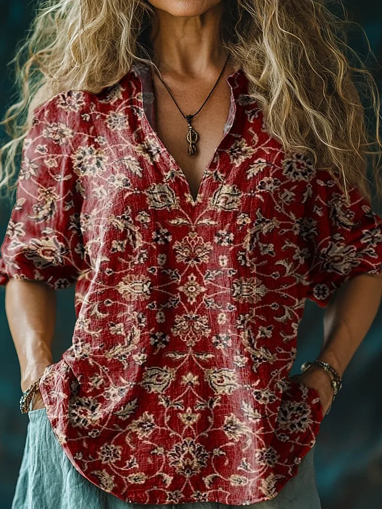 Women's Retro Flowers Print Casual Linen V-neck Shirt