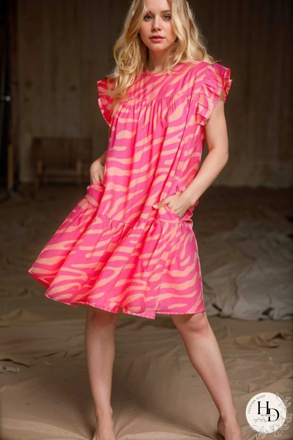 sloping shoulder ruffle print dress