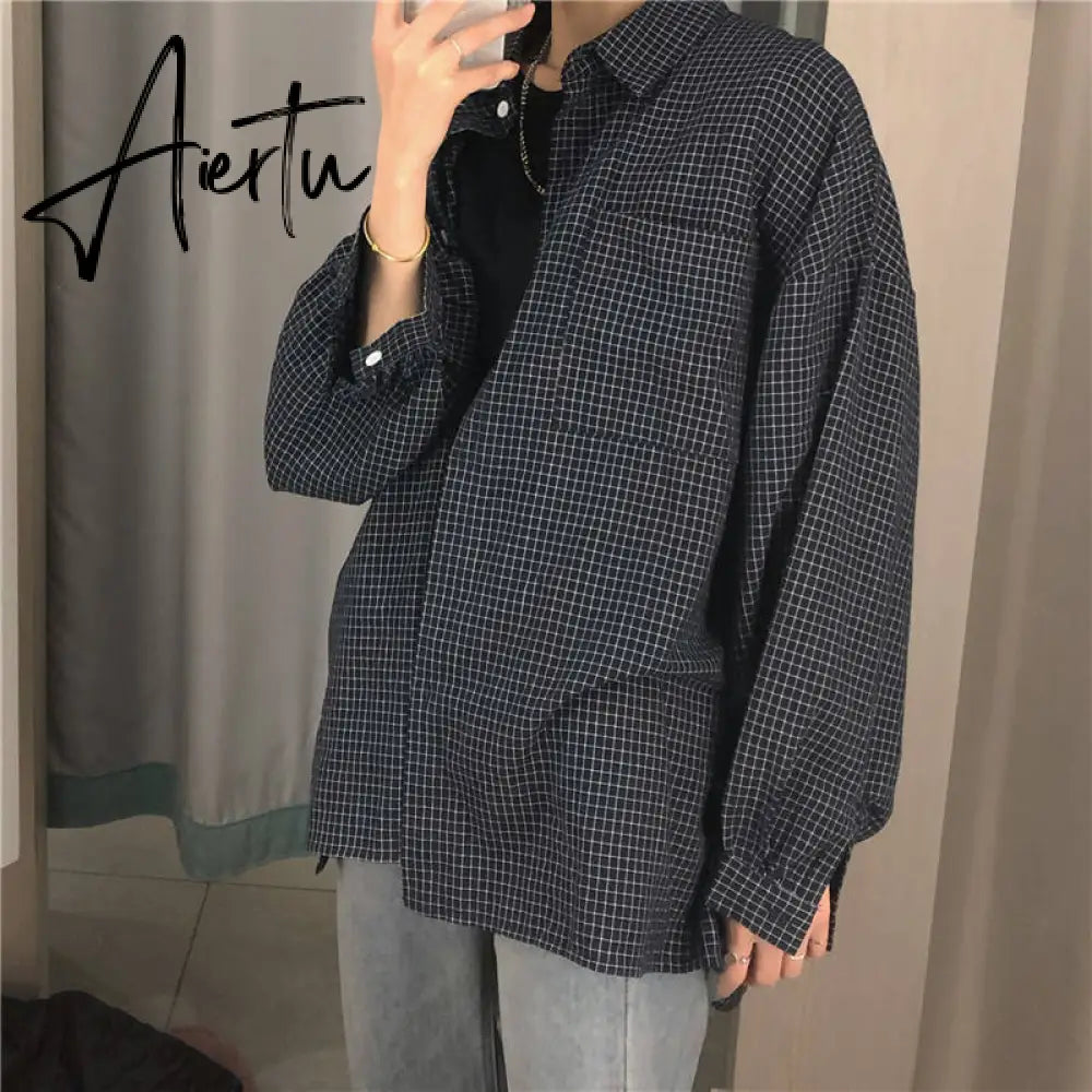 Blouse Women Shirts Turn-down Collar Long Sleeve Plaid Outwear Pocket White Korean Style Students Ulzzang Leisure All-match Chic Aiertu