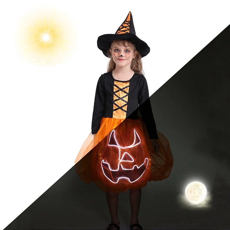 Girls Pumpkin Halloween Costume Luminous Children Cosplay Dress-elleschic