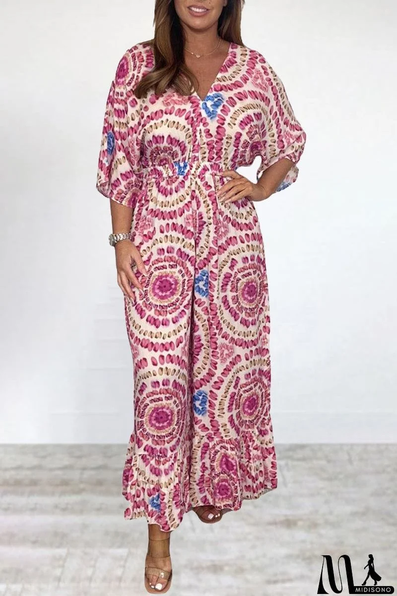 MidiSono - Bohemian College Print Backless V Neck Loose Jumpsuits