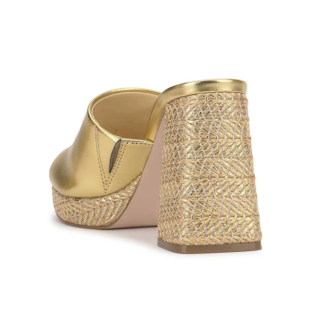 Gold Metallic Finish Woven Open Toe Block Heel Sandals with Platform