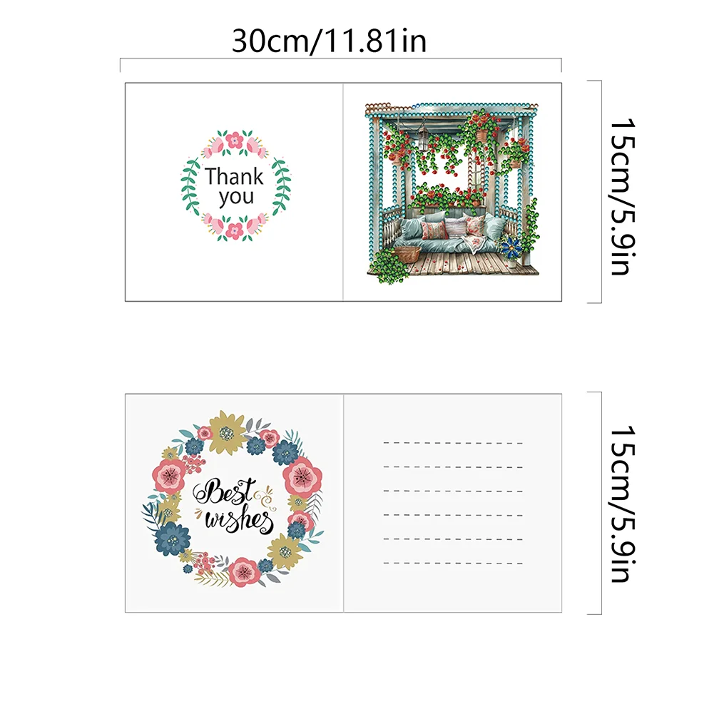 6Pcs DIY Flower Pavilion Special Shape Diamond Handmade Card for Friends Gift【With White Envelope】