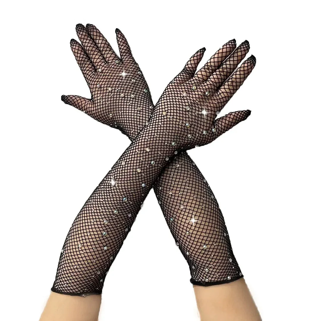 Nncharge Women Rhinestone Fishnet Gloves Elegant Glitter Long Evening Opera Gloves for Wedding Party Dance