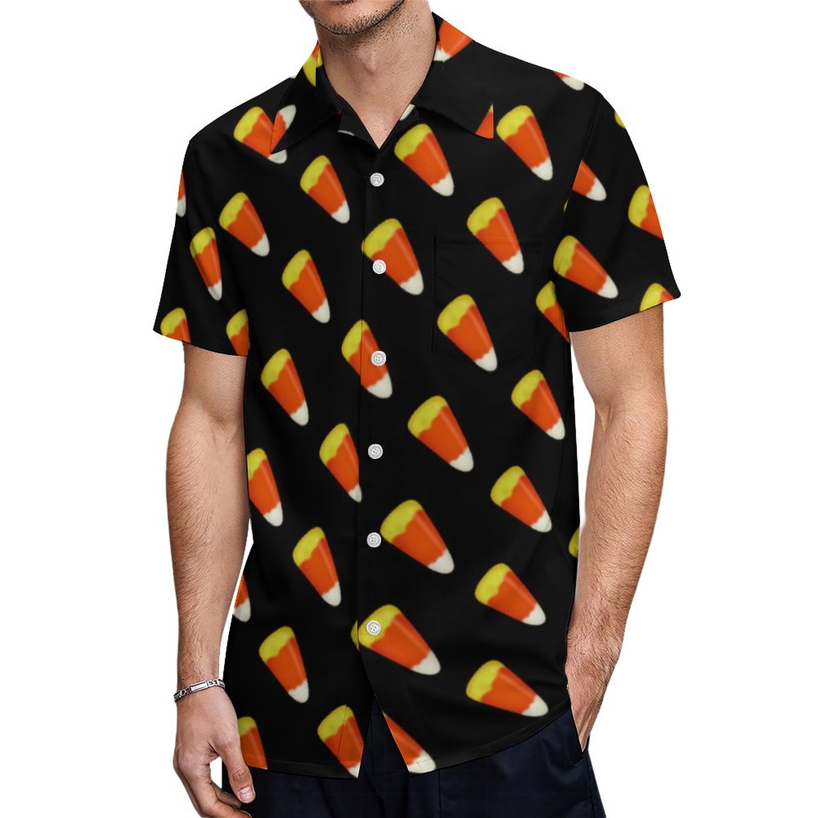 Candy Corn Halloween Trick Or Treat Modern Hawaiian Shirt Mens Button Down Tropical Hawaii Beach Shirts