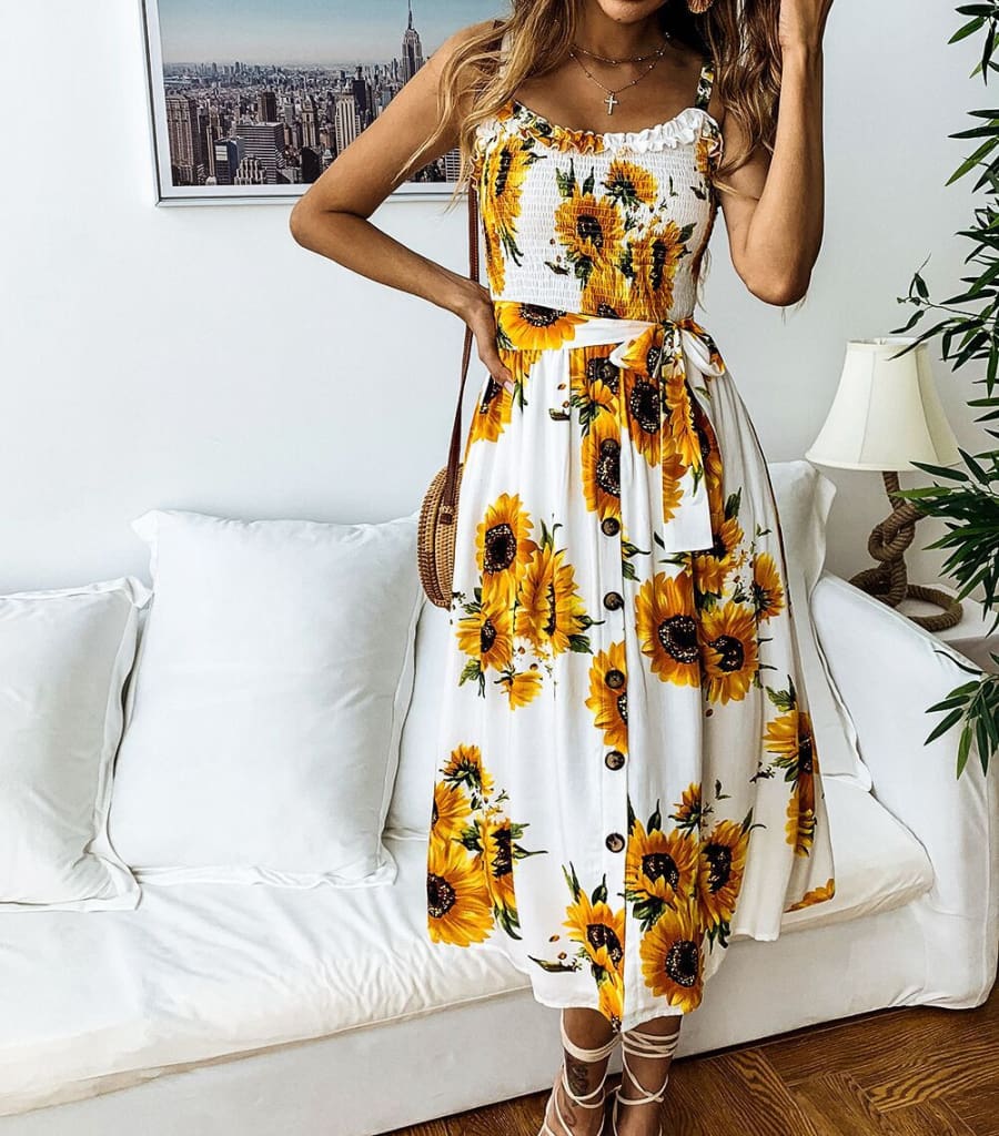  New Fashion Summer Women Boho Floral High Waist Print Dress Lady Holiday Party Beach Sling Dress Sundress