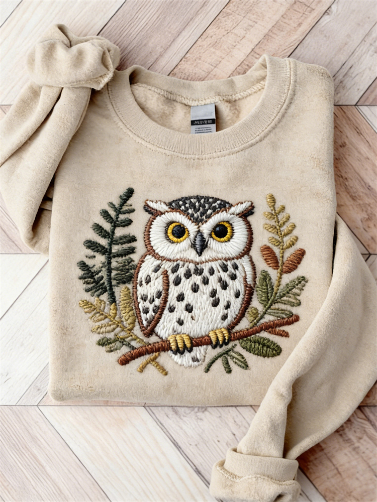Lovely Owl & Forest Plants Inspired Washed Sweatshirt wearshes