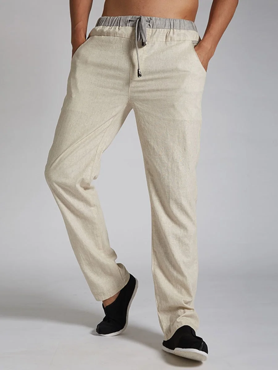 Spring Summer Mens Linen Solid Color Loose Long Trousers Flax Leisure Pants
