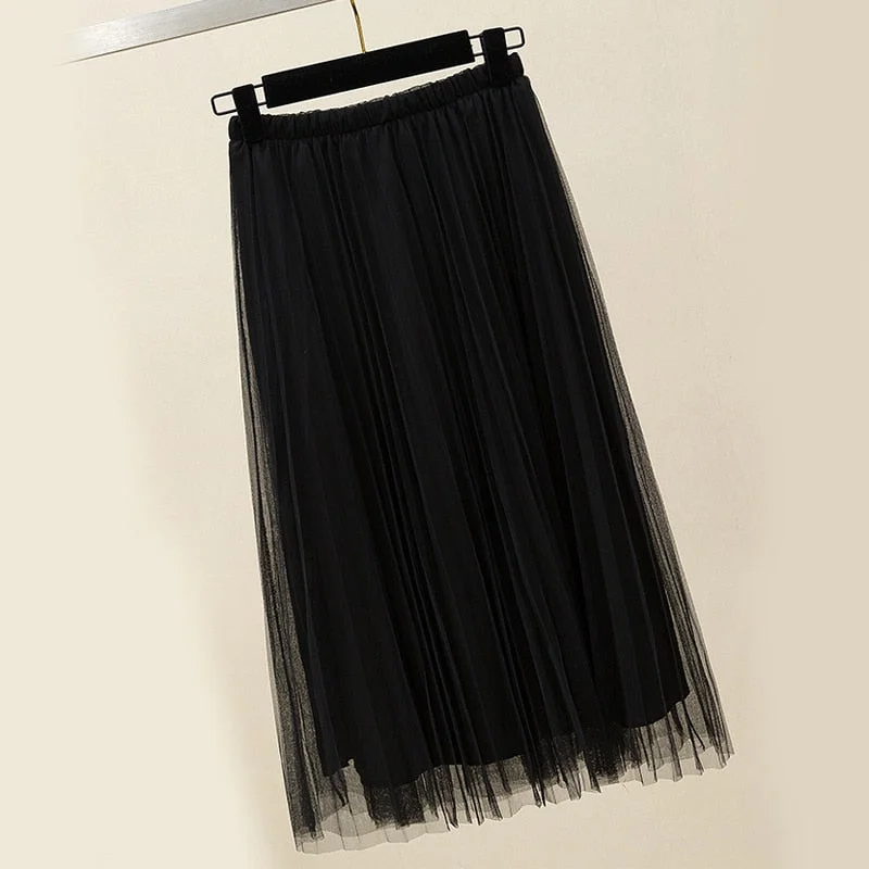Zoki New 2021 Women Tulle Skirt Elastic High Waist Mesh Spring Summer Fashion Long Skirt A Line Black Girl Korean Pleated Faldas
