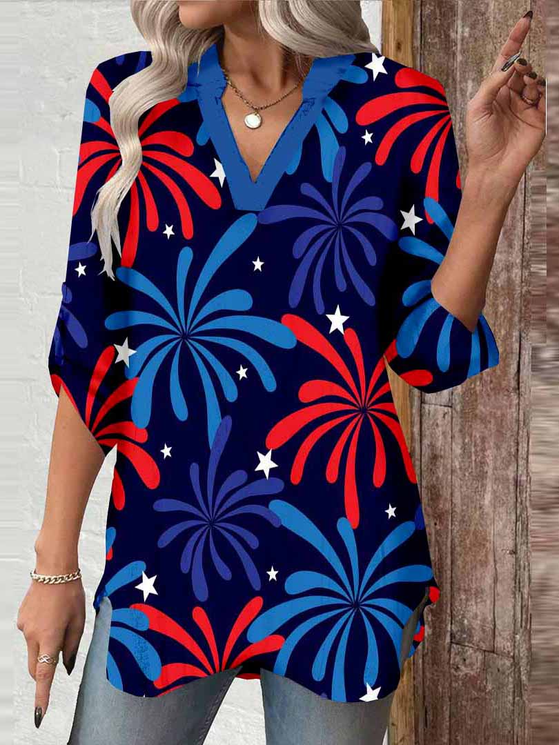 Women  Independence Day, Star, Striped, Blue, Red DZGA0233 3/4 Sleeve V-neck Printed Graphic Button Tops