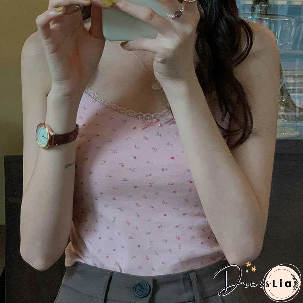 Ribbed Knit Flower Prints Cropped Cami Tops Lace Trim Tank