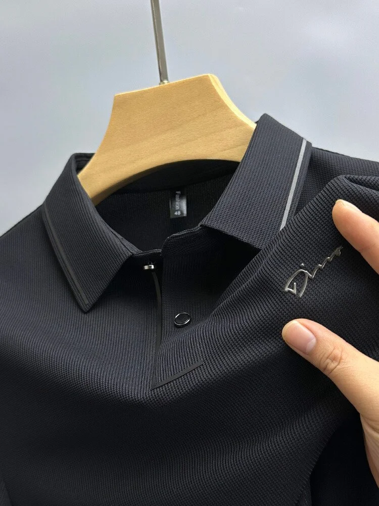 Luxury high-end ice silk seamless short sleeved t-shirt men's fashion lapel summer business leisure brand embroidery polo shirt