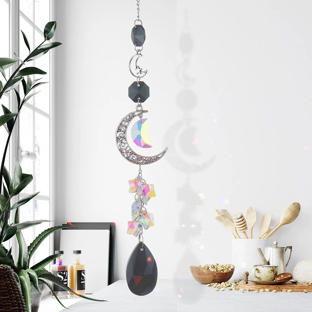 Crystal Diamond Wind Chimes Metal Hexagon Star Moon Hanging Ornaments Decor