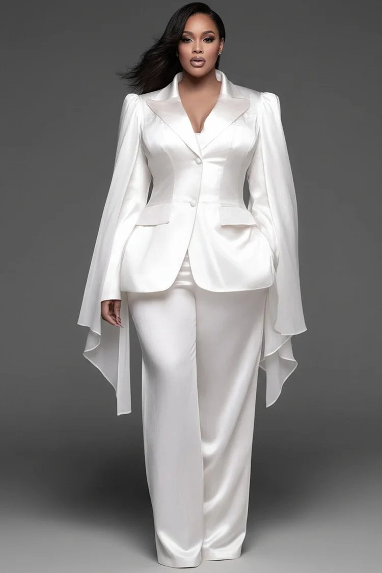 Xpluswear Design Plus Size Formal Elegant White Turndown Collar Long Sleeve Pocket Contrast Satin Two Piece Pant Suits [Pre-Order] 2024 - Xpluswear