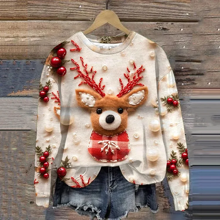 Comstylish Christmas Cute Deer Decorations Art Print Casual Sweatshirt