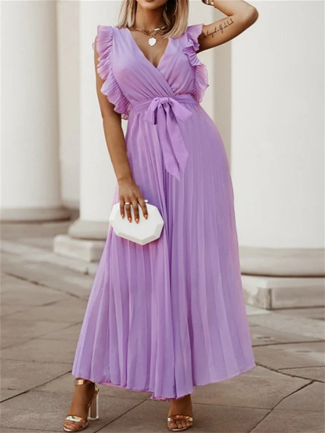 Women's Sleeveless V-neck Lace-up Pure Color Midi Dress