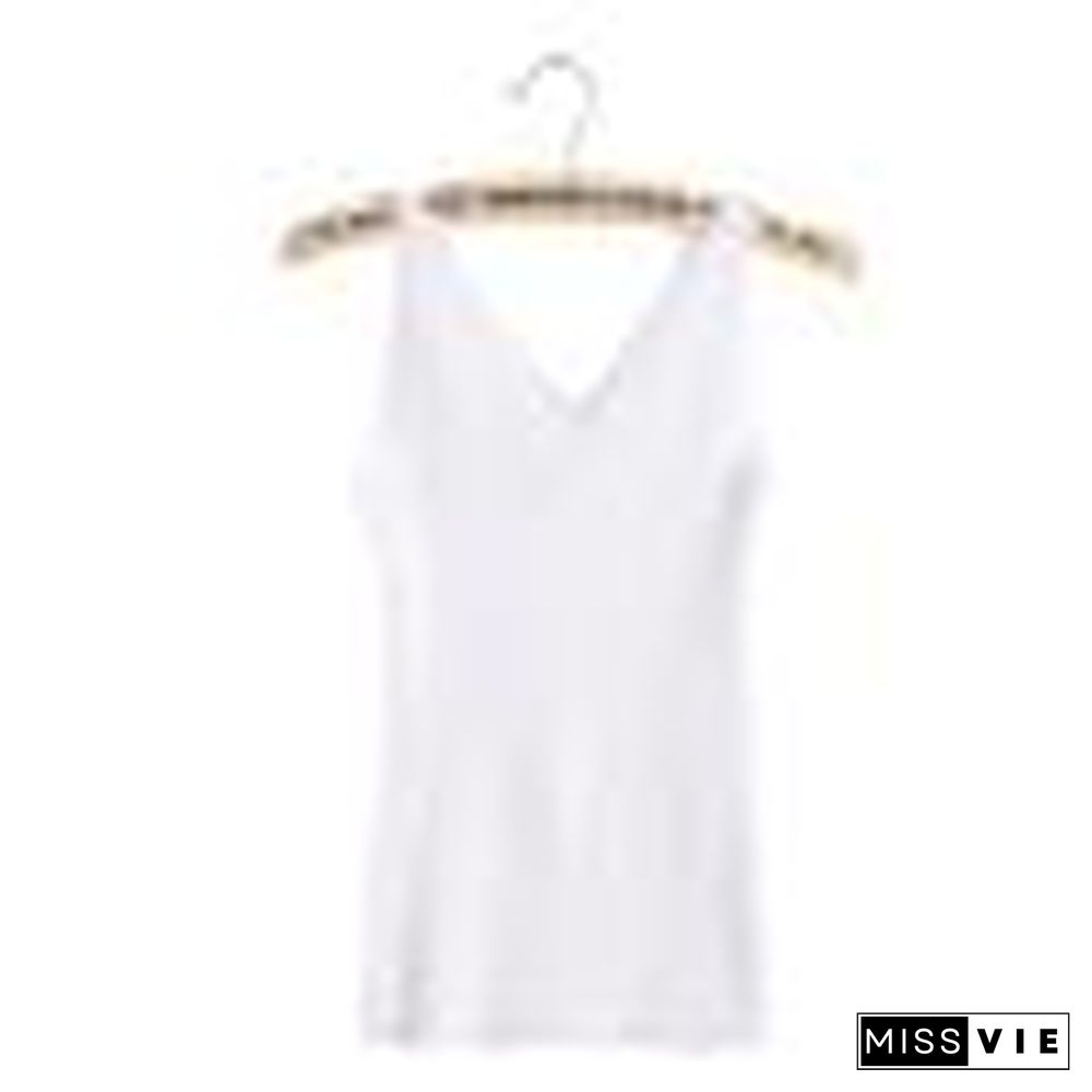 Sexy Women Plain Camisole Lace Splicing Double V Neck Vest Slim Sling Tank Tops