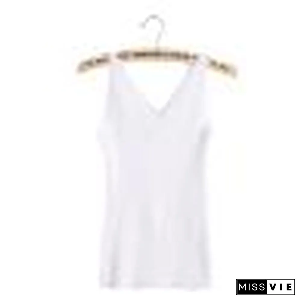 Sexy Women Plain Camisole Lace Splicing Double V Neck Vest Slim Sling Tank Tops