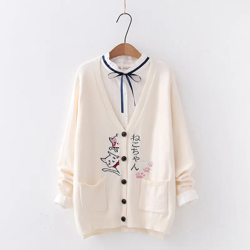 Cartoon Cat Print Cardigan Sweater Shirt Denim Pants Set
