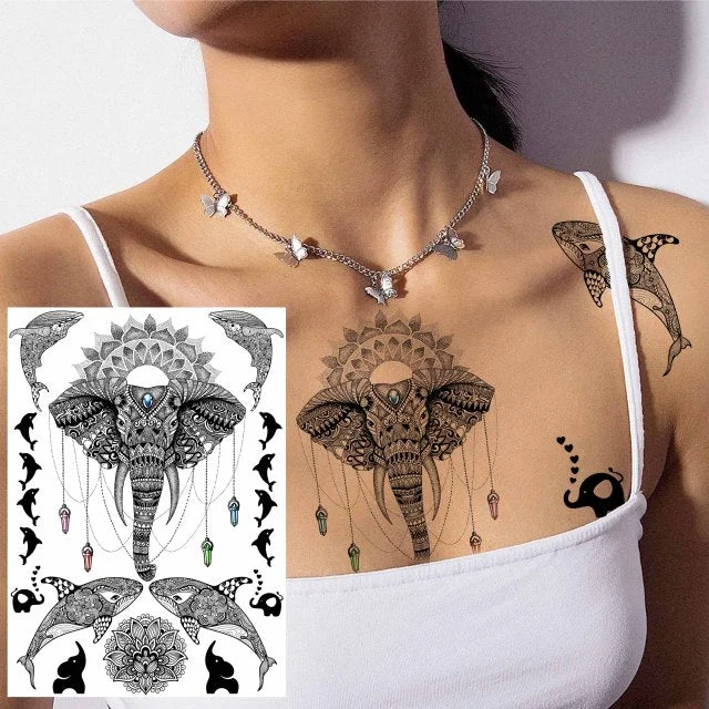 REJASKI Black Henna Lace Temporary Tattoos Sticker For WOmen Butterfly Moth Mehndi Flower Fake Tatoo Sticker Feather Flora Tatoo