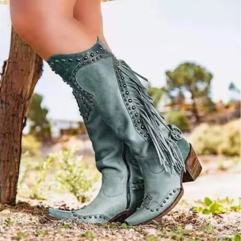 zolucky Women Vintage Tassel Western Boots with Zipper | EGEMISS