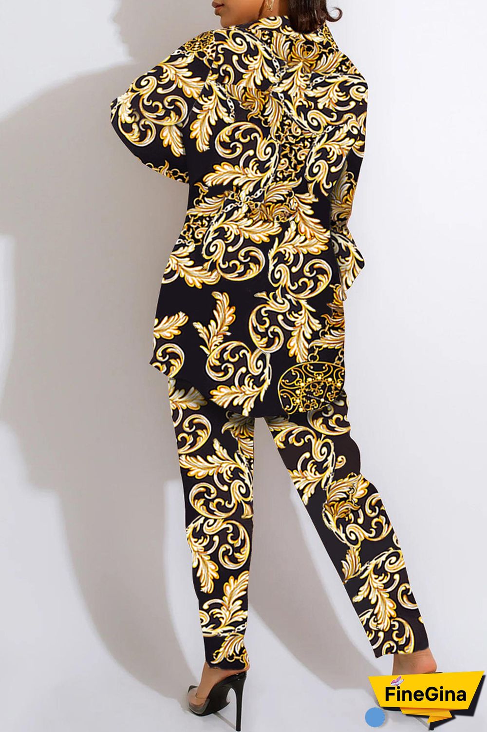 Tiger Pattern Fashion Casual Print Cardigan Vests Pants Turn-back Collar Long Sleeve Two Pieces