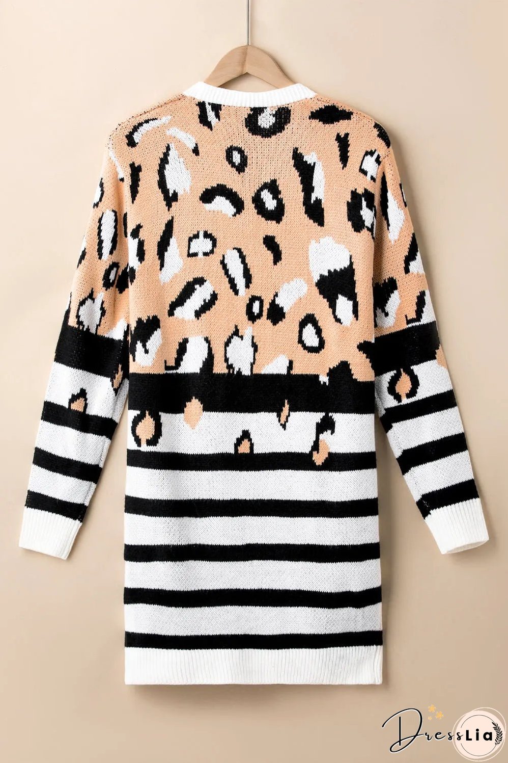 Brown Leopard Striped Mixed Print Open Front Cardigan