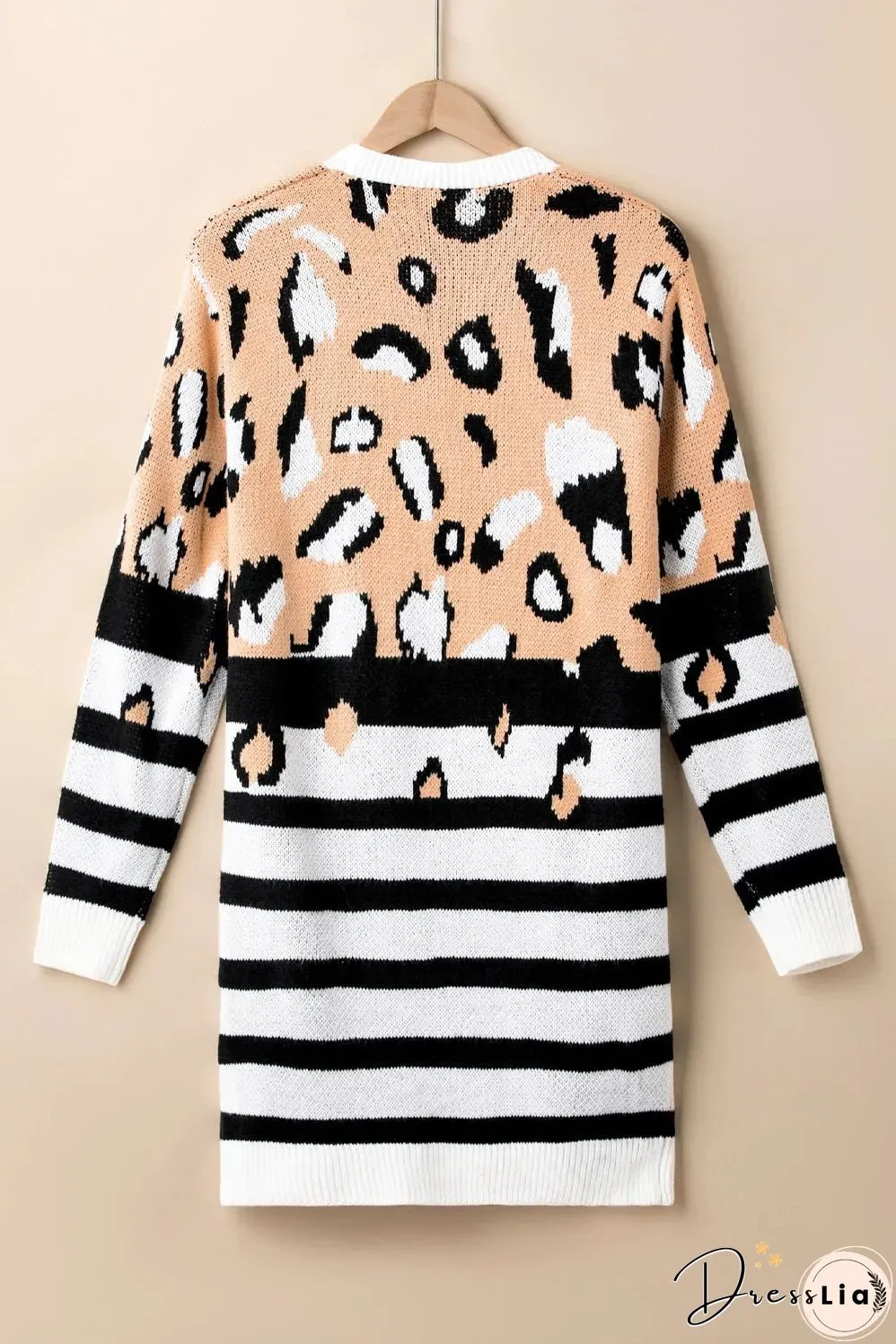 Brown Leopard Striped Mixed Print Open Front Cardigan