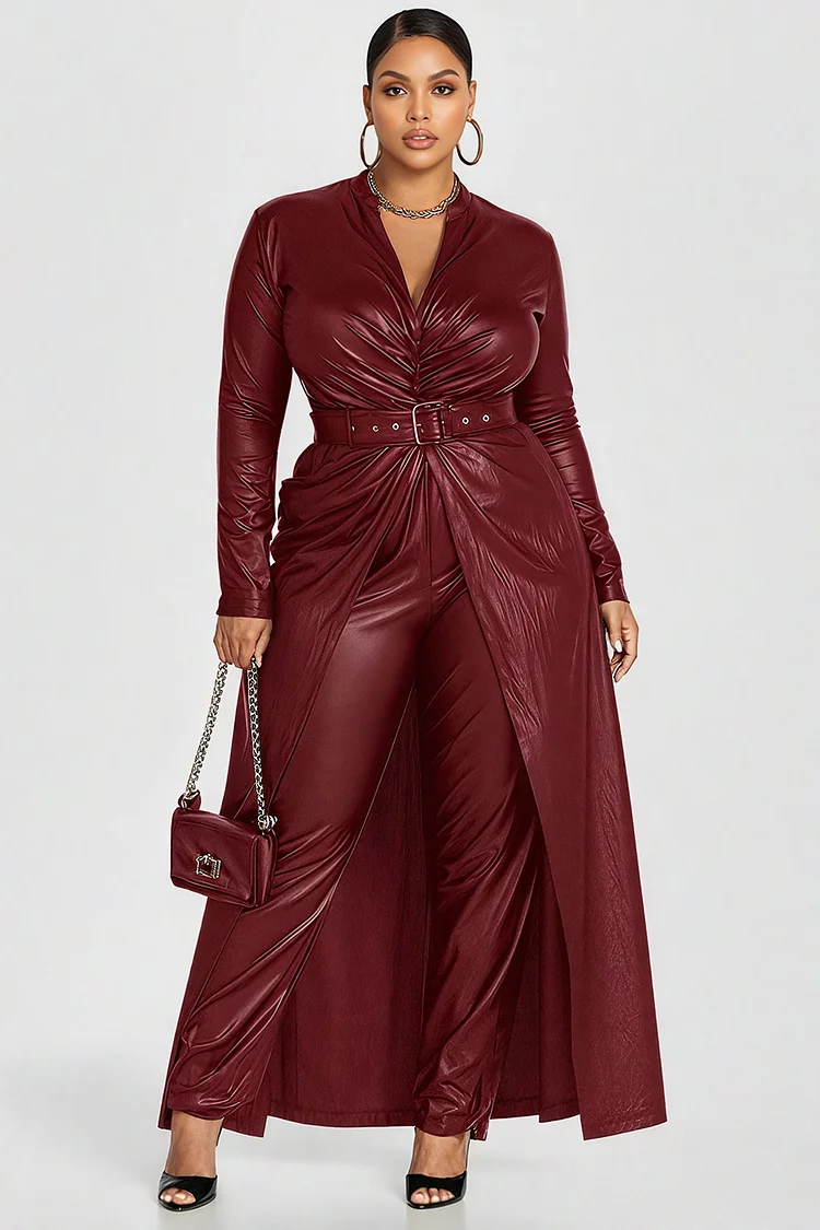 Xpluswear Design Plus Size Formal Black V Neck Long Sleeve With Skirt Overlay Elegant Ruffled PU Leather Jumpsuits [Pre-Order]