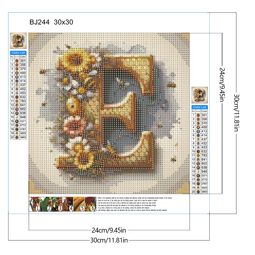 Full Round Diamond Painting 30*30cm - Letter E With Bee And Flowers