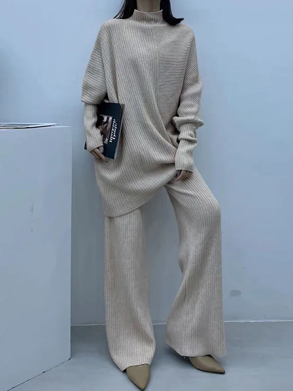 Knitted Pure Color Irregularity Batwing Sleeves High-Neck Sweater & Wide Leg Pants Suits