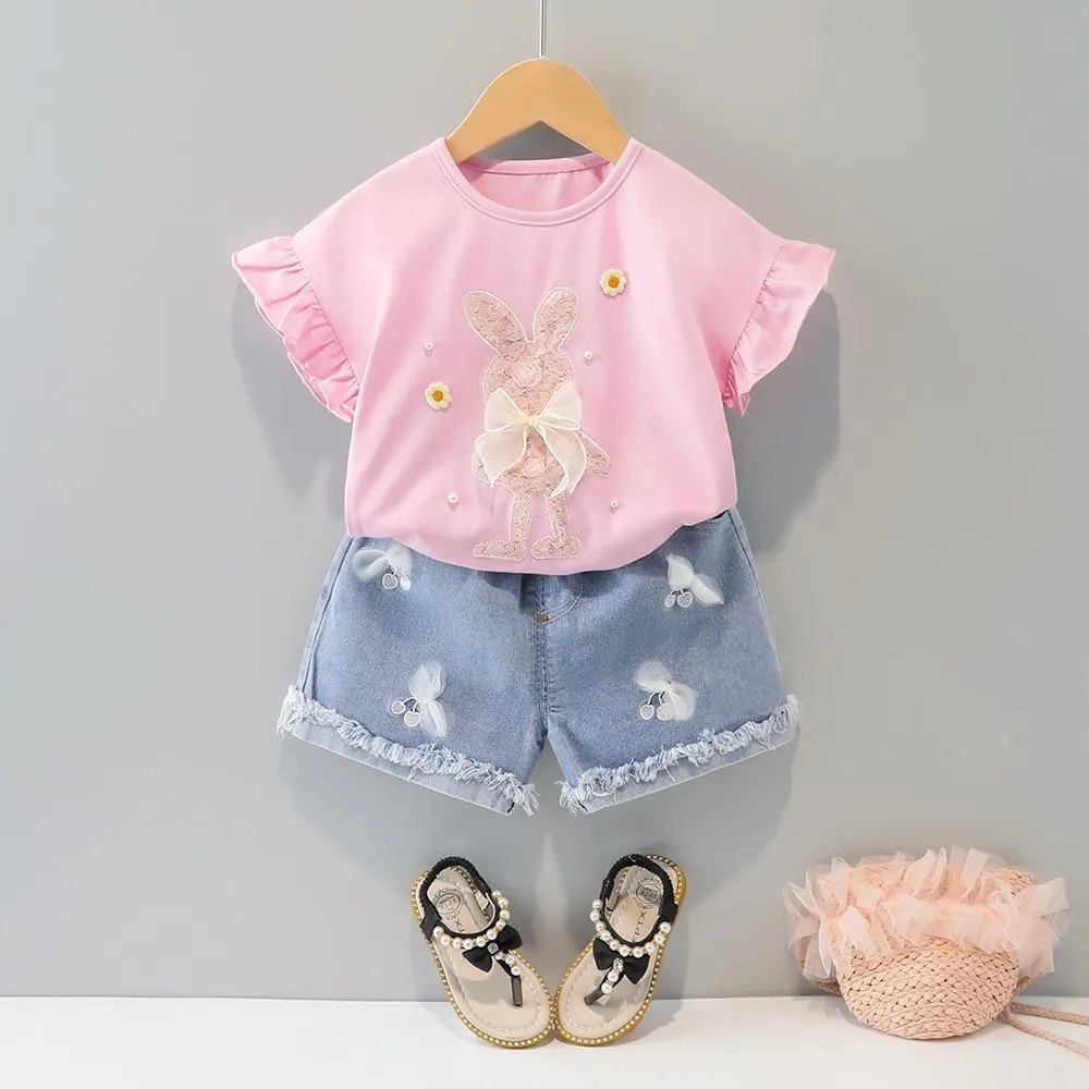 Cute Lace Clothes Girls Outfit T-Shirt + Hole Shorts Dress 2021 Summer Fashion Cotton Cartoon Baby Toddler Fly Sleeves Outfits