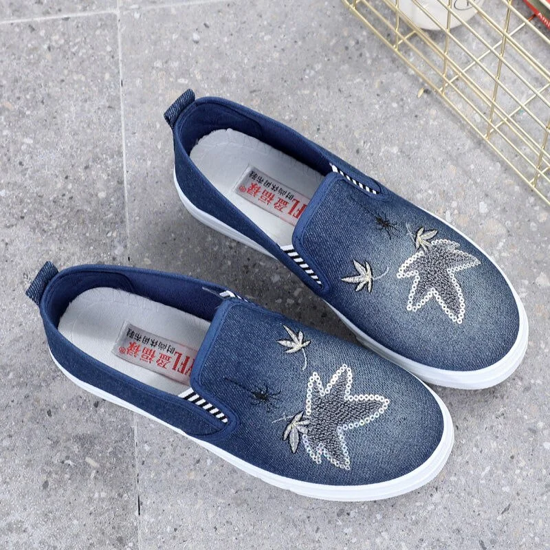 Qengg Women's Spring summer shoes comfortable denim canvas shoes with printings lady soft lazy loafers chaussures de dame