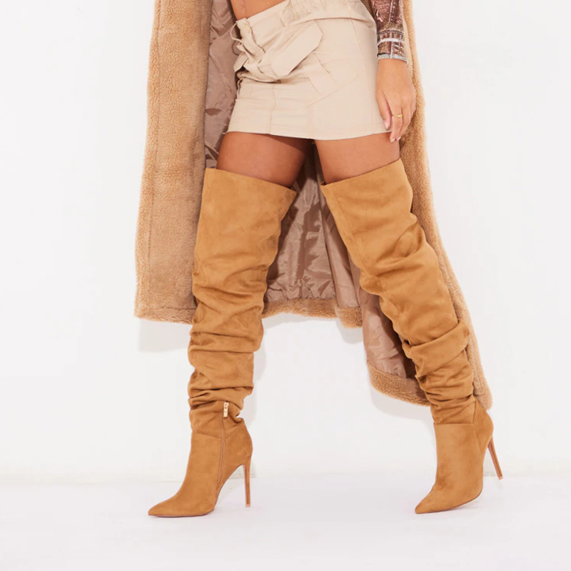 GOOSHOE Light Brown Suede Pointed Toe Stiletto Thigh Boots with Zipper