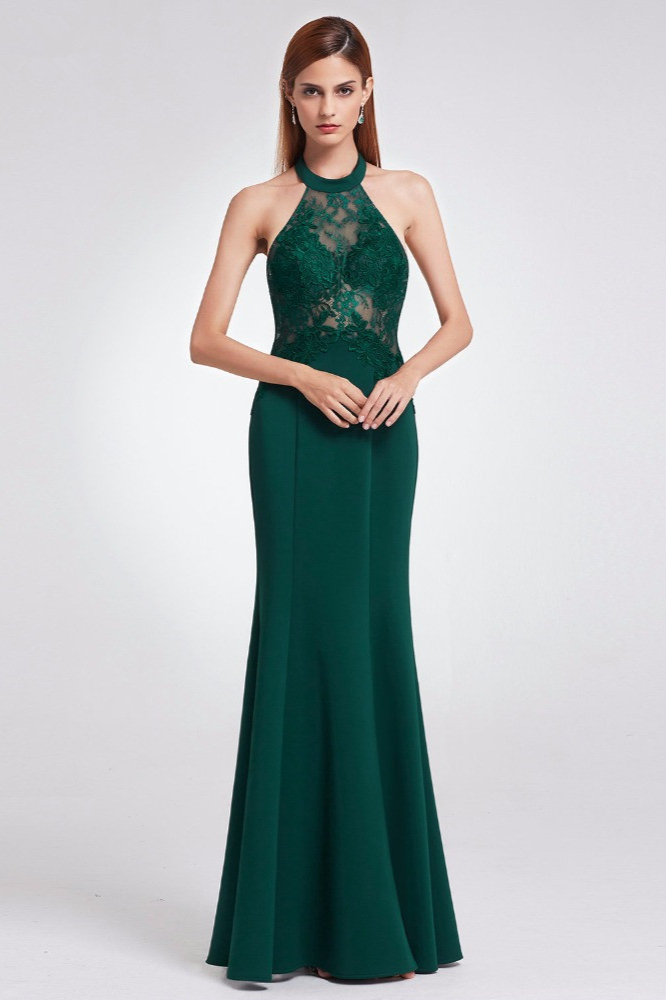 Elegant Green Halter Lace Evening Gowns Mermaid Sleeveless Plus Size Prom Dress - lulusllly