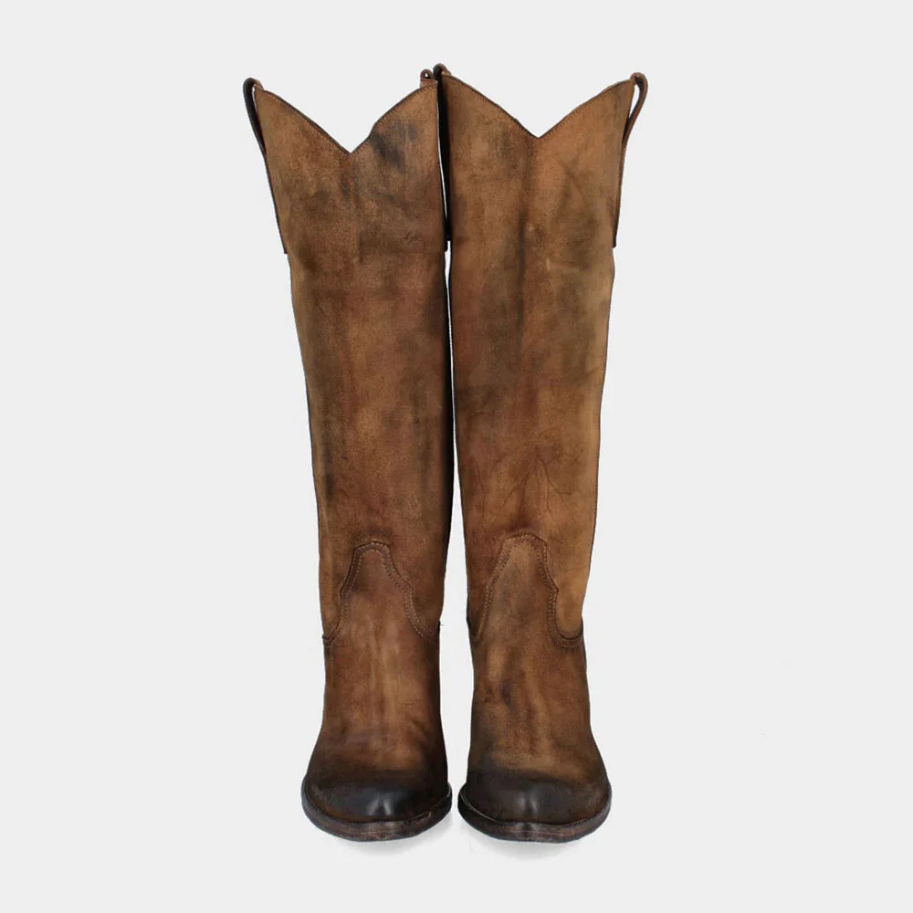 Distressed Vegan Leather Snip Toe Brown Western Boots for Women 