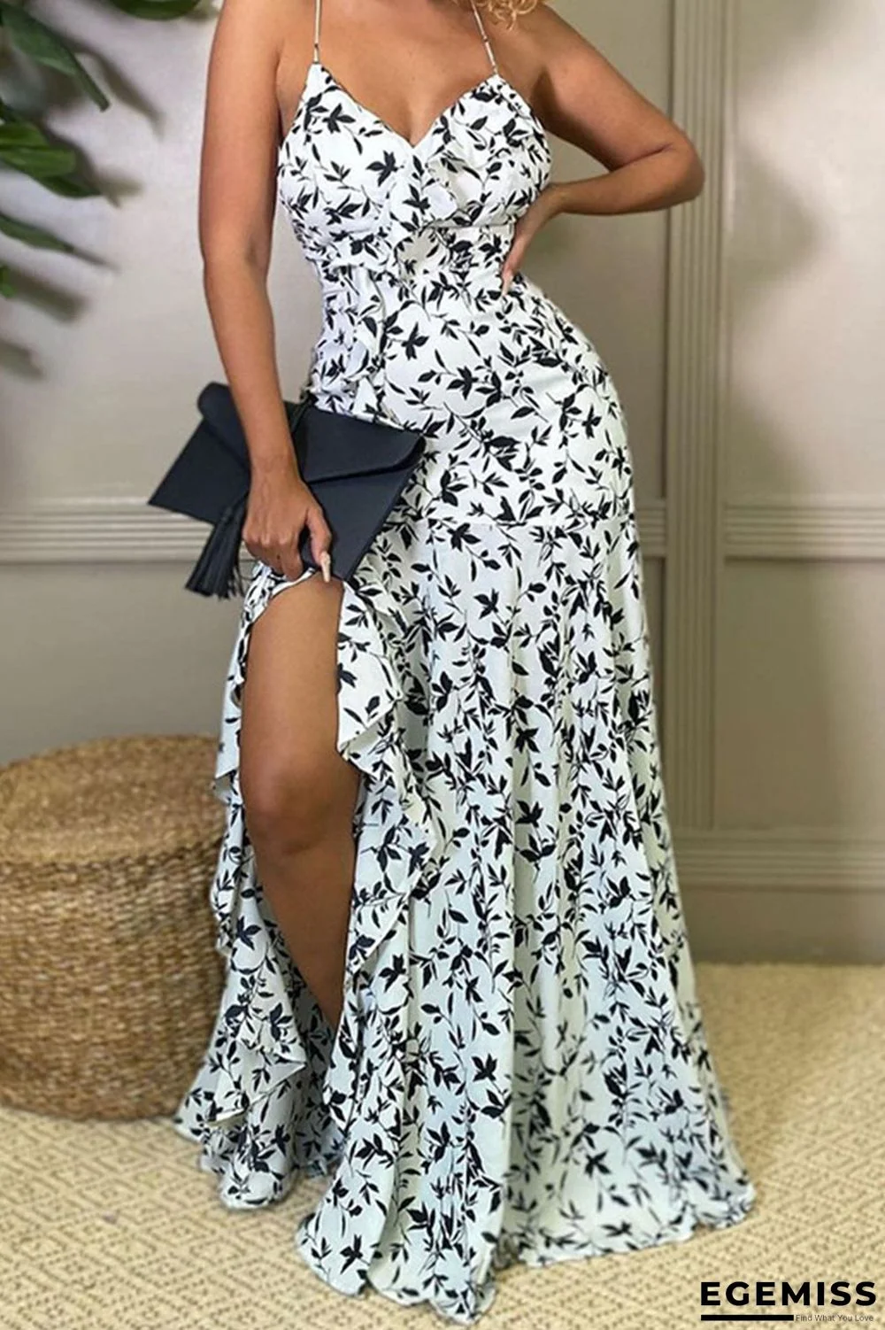 White Sexy Print Patchwork Slit Spaghetti Strap Sling Dress Dresses | EGEMISS