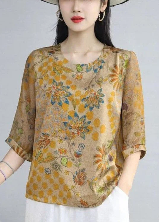 Loose Khaki O Neck Print Patchwork Silk T Shirts Half Sleeve