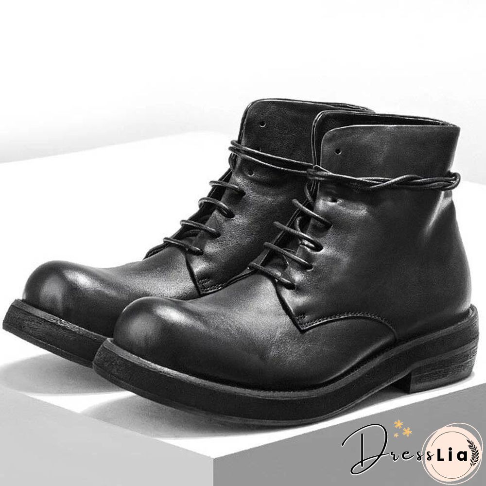 Men Casual Shoes High-Top Ankle Riding Boots Vintage Genuine Leather Sneakers Black Lace Up Work Boots